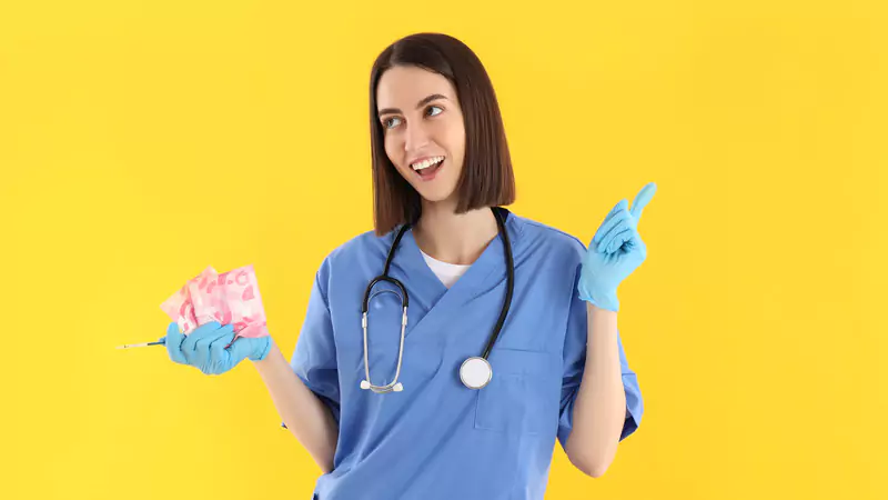 Smiling nurse anesthetist holding money and a syringe, symbolizing high salary and job satisfaction in anesthesia careers