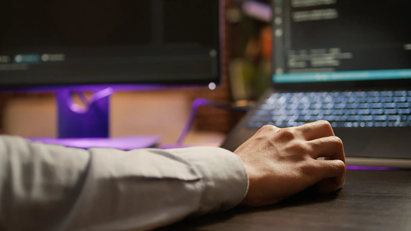 Close-up of professional hand using computer mouse during software coding at workstation