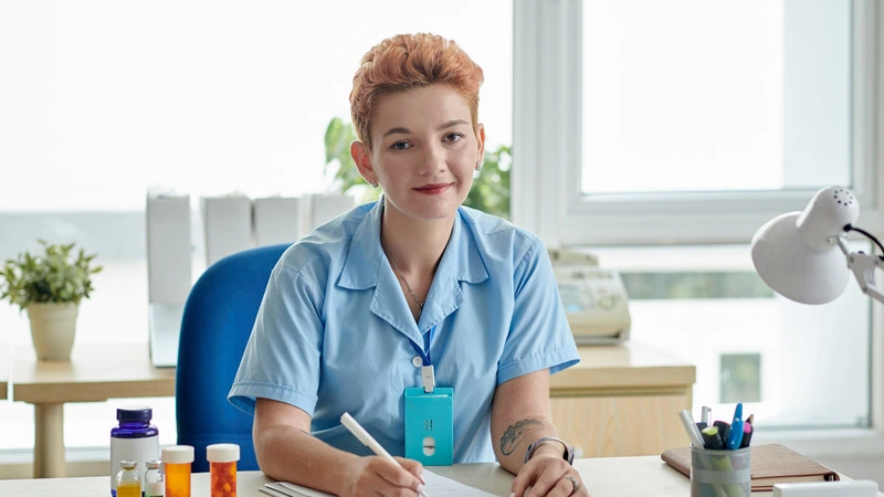 Friendly nurse writing a prescription at clinic office desk surrounded by medications