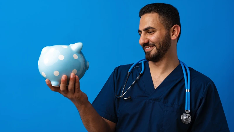 Smiling nurse holding a piggy bank illustrating highest paying nursing jobs and financial benefits
