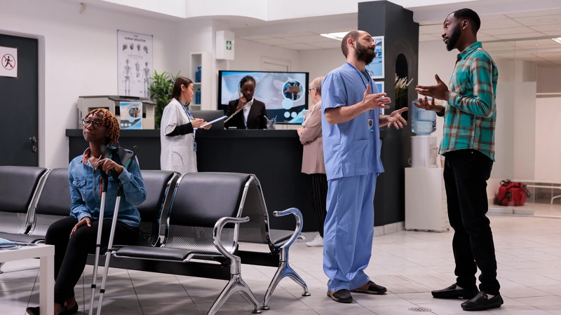 Nurse speaking calmly with a patient in a hospital waiting area while colleagues work in the background, reflecting strategies to cope with workplace stress