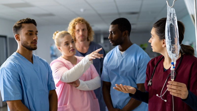 Group of diverse nurses and doctors in serious discussion over IV setup, illustrating hospital politics and power dynamics in clinical settings