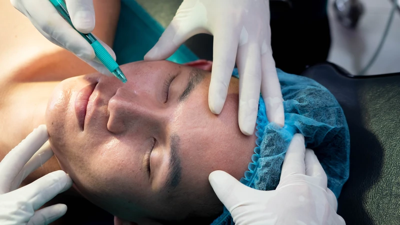 Aesthetic cosmetic nurse marking a male patient's face before a non-surgical facial procedure, preparing for precise aesthetic treatment