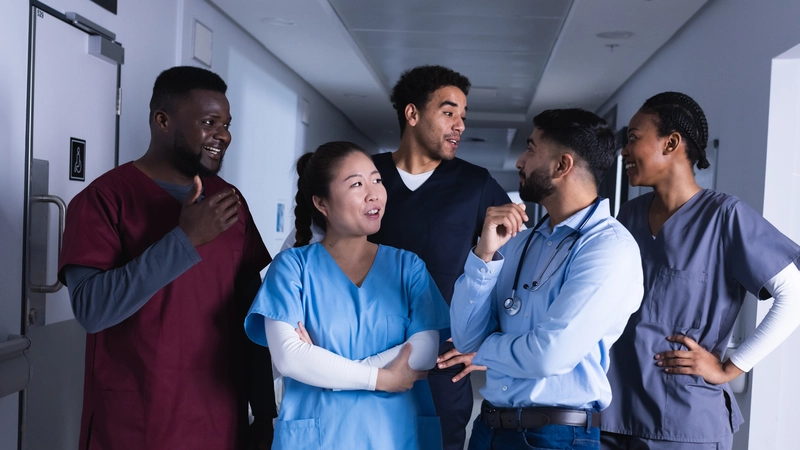 Diverse group of nurses and doctors talking and smiling in a hospital corridor, reflecting teamwork despite workplace challenges