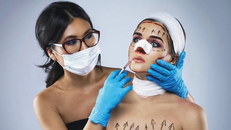 Aesthetic cosmetic nurse preparing to perform facial injection on a patient with surgery markings, showcasing post-operative care and enhancement procedures