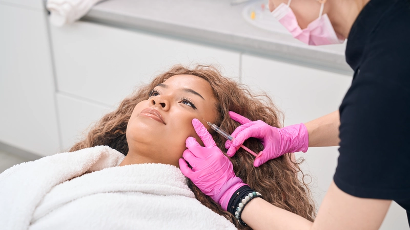 Aesthetic nurse administering facial injection to a relaxed female client in a clinical spa setting, showcasing modern cosmetic treatment environments