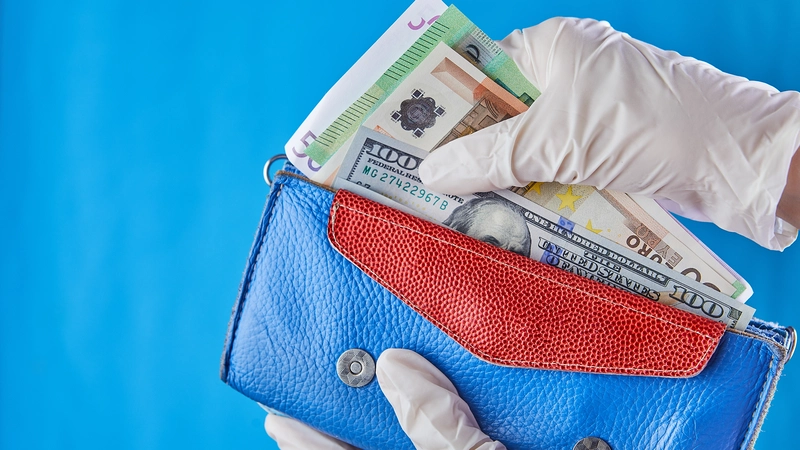 Gloved hand pulling out US dollars and foreign currency from a blue and red wallet, symbolizing the earning potential of an aesthetic cosmetic nurse