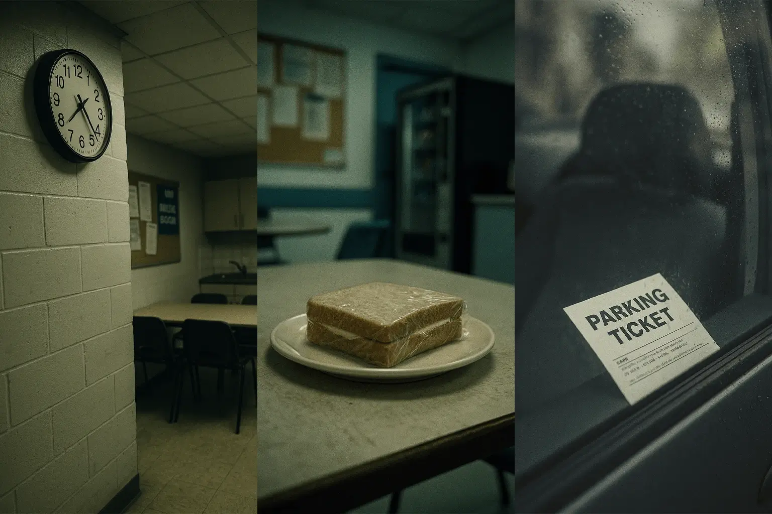 Empty staff room at night with a parking ticket visible through a car window.