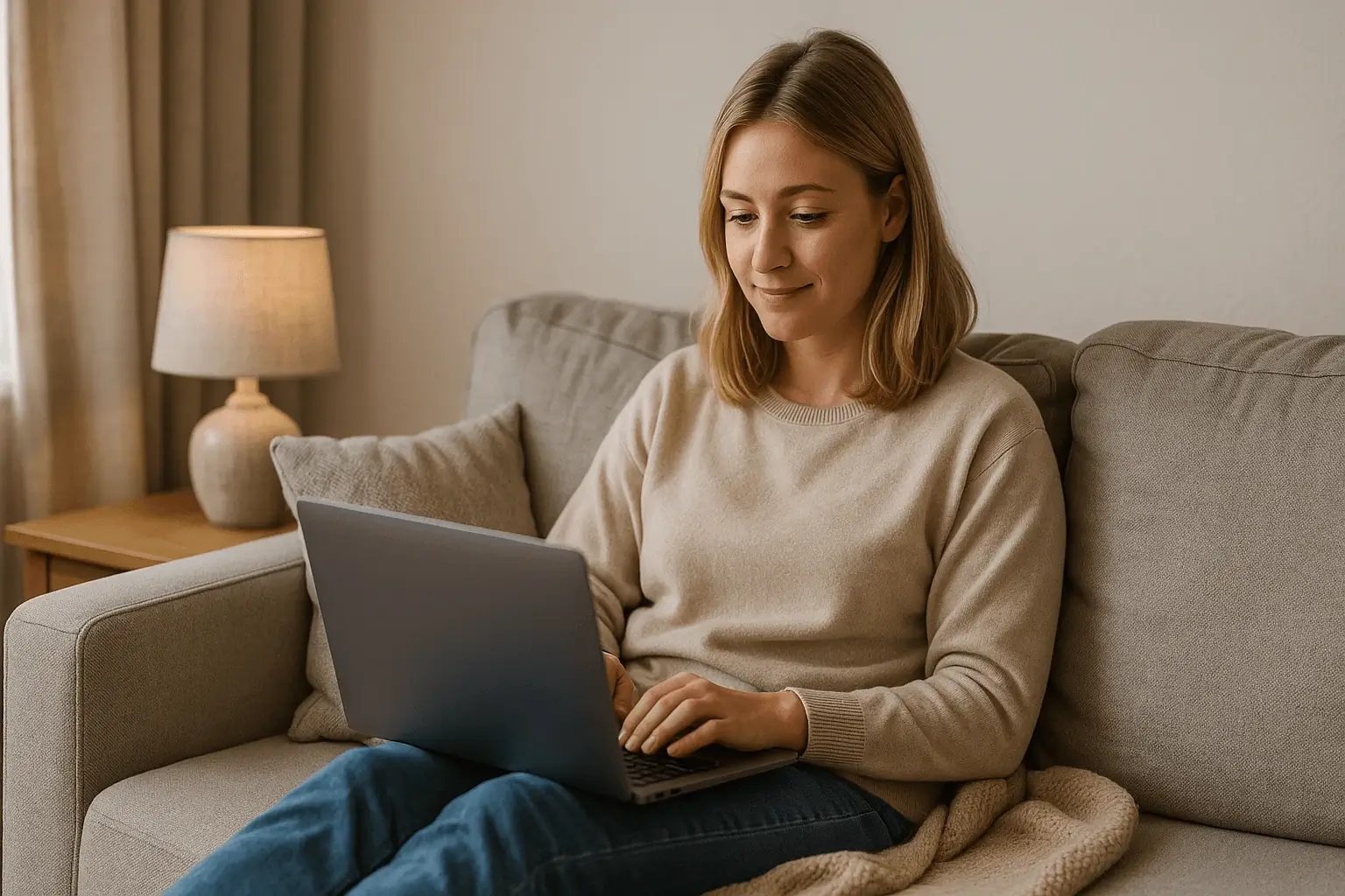 Healthcare professional at home completing de-identified research tasks on a laptop.