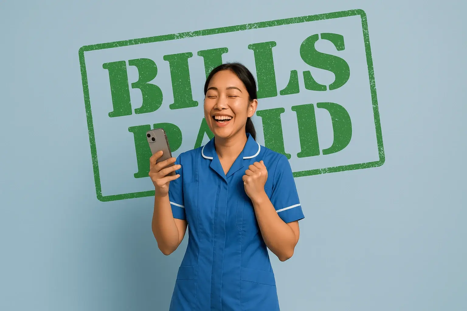 Phone displaying withdrawal confirmation next to a nursery bill marked paid.